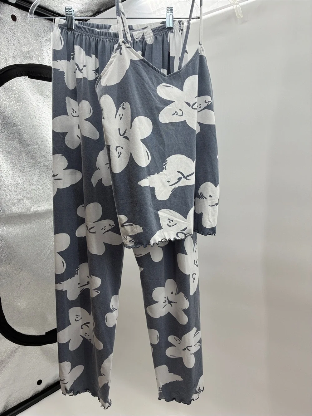 Kids Gray Floral Print Pajama Set - Sleep Tank & Pants